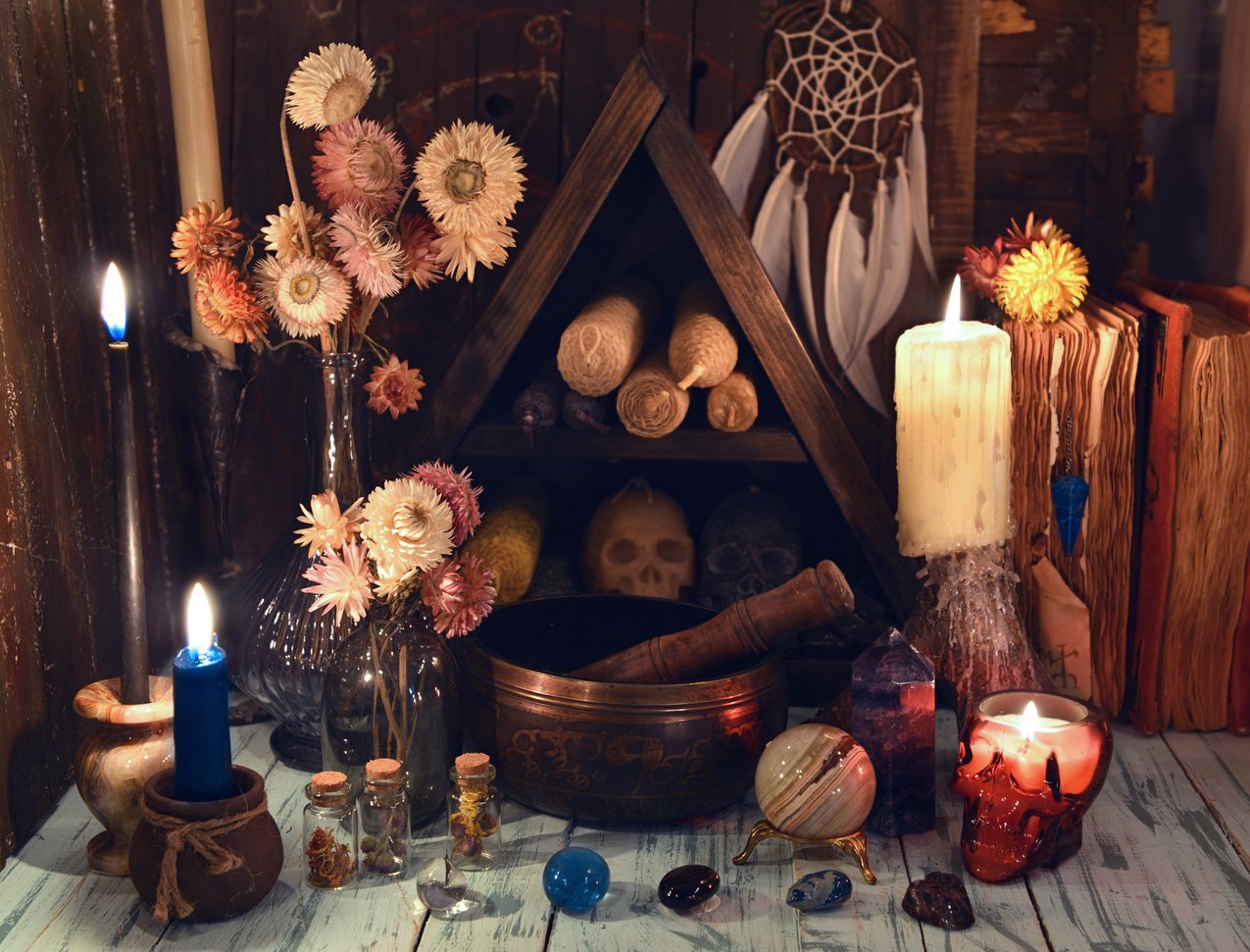 Witchcraft Altar with Candles, Singing Bowl and Crystals